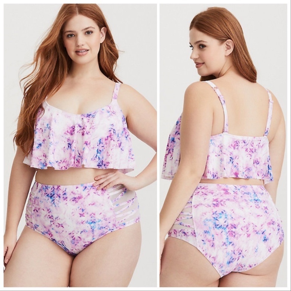 TORRID pink purple tie dye flounce matching bikini set, 1X. - Picture 3 of 8
